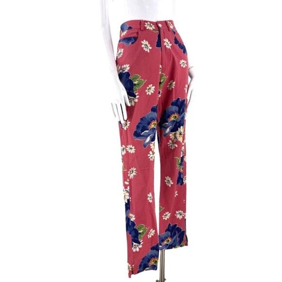 90s Ralph Lauren floral pants 6, vintage 1990s retro bark cloth jeans - Picture 7 of 10